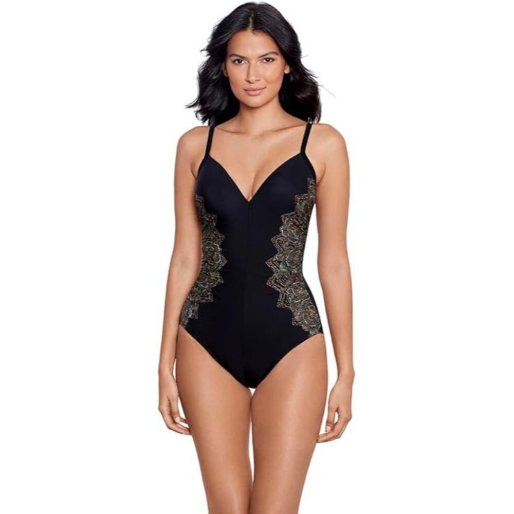 Mirclesuit Floral One-Piece Swimsuit Black & Gold Accents Size 8 - New With Tag